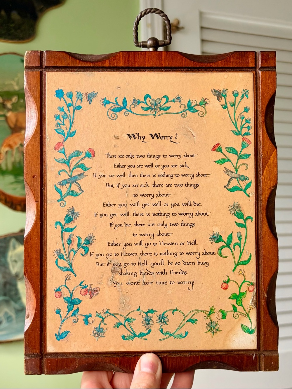 Handcrafted Wood Framed Cottagecore Poem Plaque - Teal Floral Strawberry